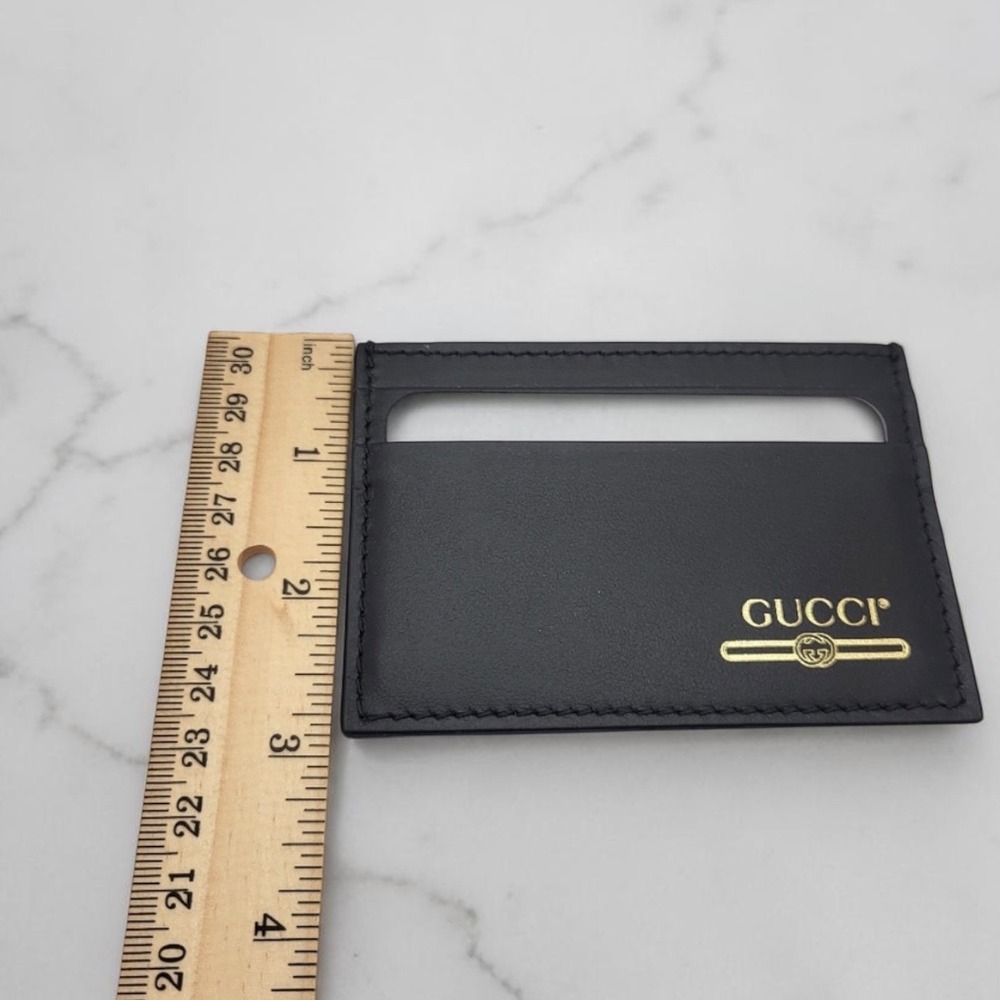 Authentic Gucci Black Leather Card Holder Slim Wallet Gold Logo Minimalist EUC - Picture 6 of 7